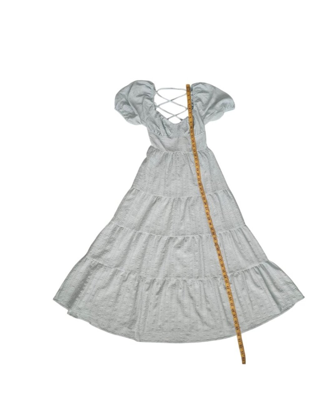 Forever 21 Puff Sleeve Crisscross Tie Back Tiered Skirt Maxi Dress Size Medium - Picture 13 of 13